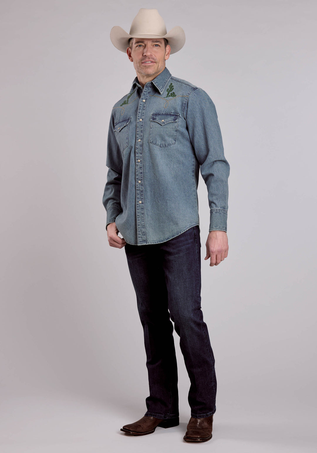 MENS LONG SLEEVE SNAP MED WASH DENIM SHIRT W/ BRONC RIDER EMBROIDERED WESTERN SHIRT