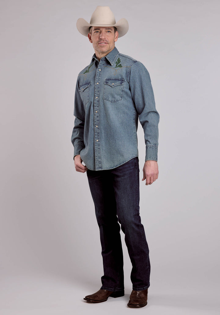 MENS LONG SLEEVE SNAP MED WASH DENIM SHIRT W/ BRONC RIDER EMBROIDERED WESTERN SHIRT