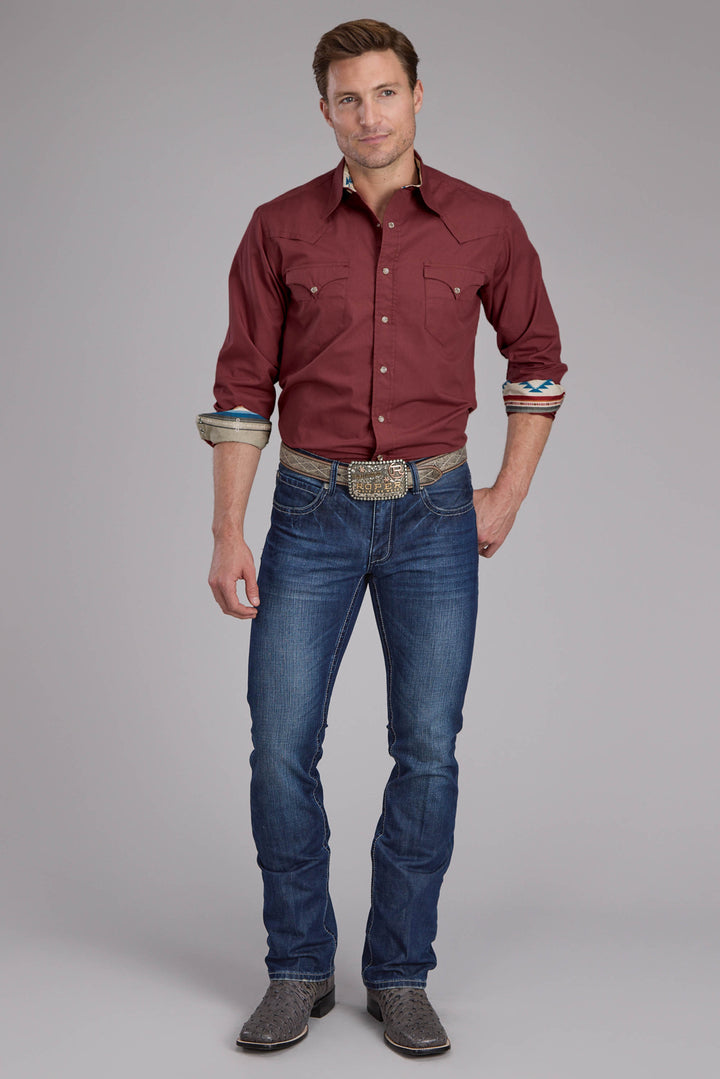 MENS RED SOLID POPLIN - RED LONG SLEEVE SNAP WESTERN SHIRT