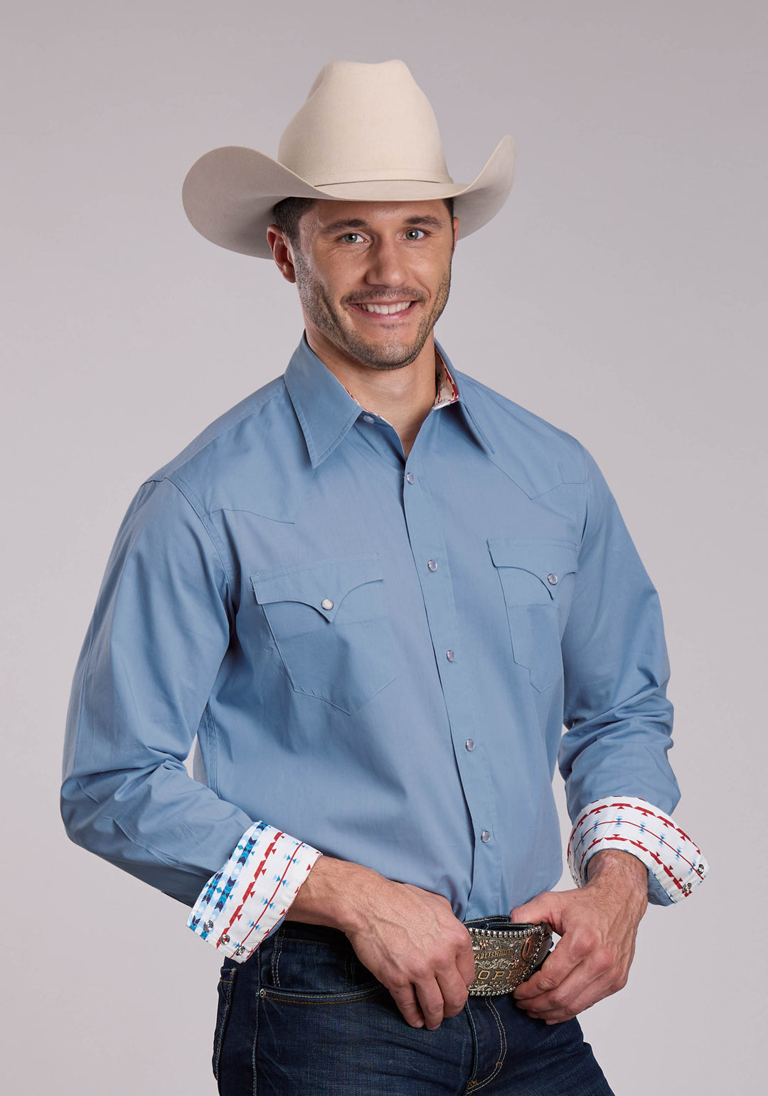 MENS ROPER SOLID POPLIN CHAMBRAY BLUE LONG SLEEVE SNAP SHIRT