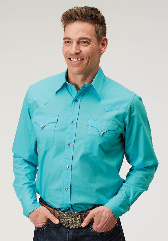 MENS LONG SLEEVE SNAP SOLID POPLIN TURQUOISE WESTERN SHIRT