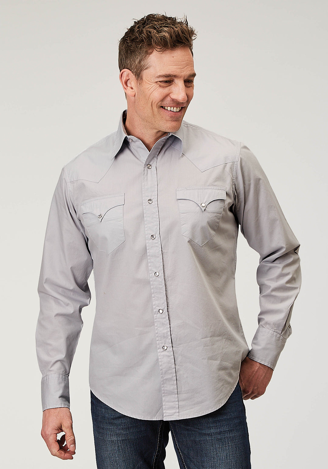 MENS LONG SLEEVE SNAP SOLID POPLIN GREY WESTERN SHIRT