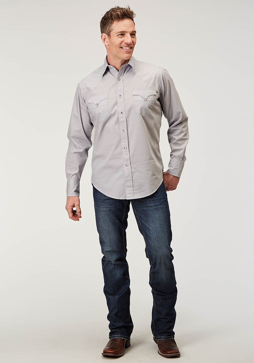 MENS LONG SLEEVE SNAP SOLID POPLIN GREY WESTERN SHIRT