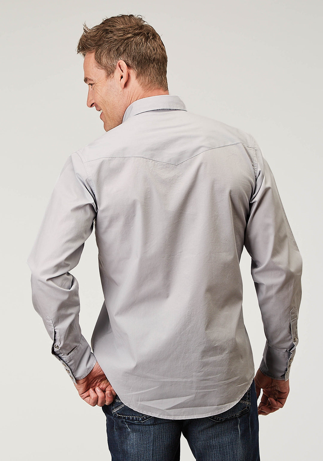 MENS LONG SLEEVE SNAP SOLID POPLIN GREY WESTERN SHIRT
