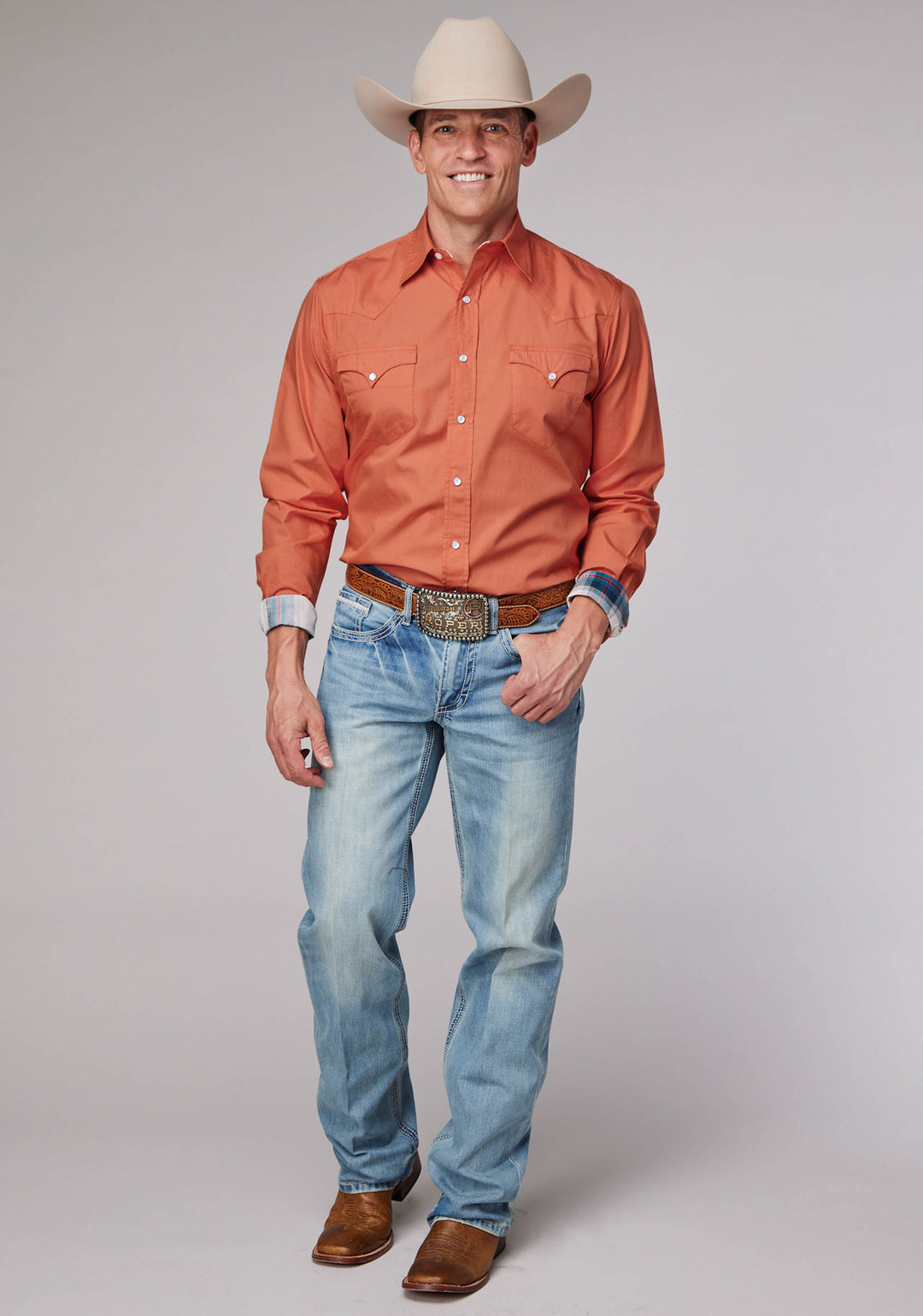 MENS LONG SLEEVE SNAP SOLID POPLIN TANGERINE WESTERN SHIRT