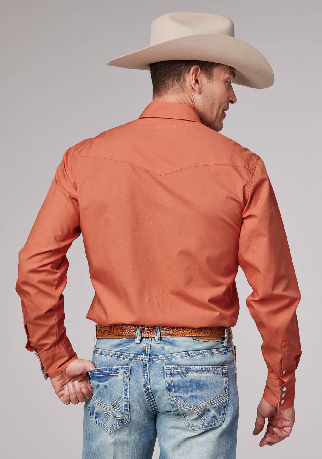MENS LONG SLEEVE SNAP SOLID POPLIN TANGERINE WESTERN SHIRT