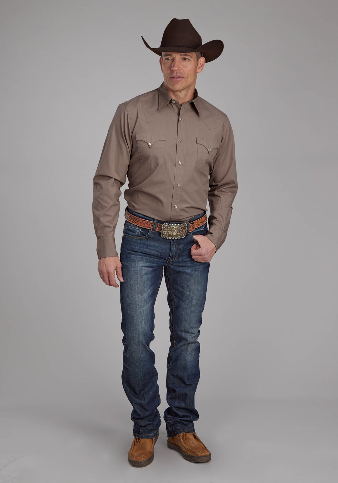 MENS SOLID POPLIN - STONE LONG SLEEVE SNAP WESTERN SHIRT