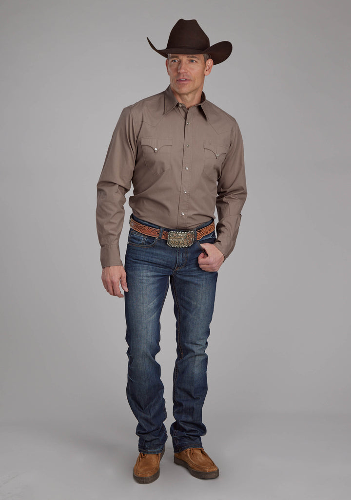 MENS SOLID POPLIN - STONE LONG SLEEVE SNAP WESTERN SHIRT