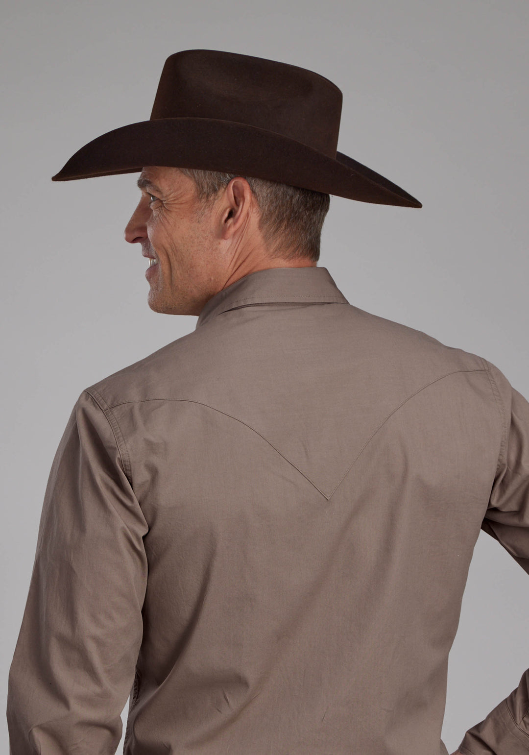 MENS SOLID POPLIN - STONE LONG SLEEVE SNAP WESTERN SHIRT