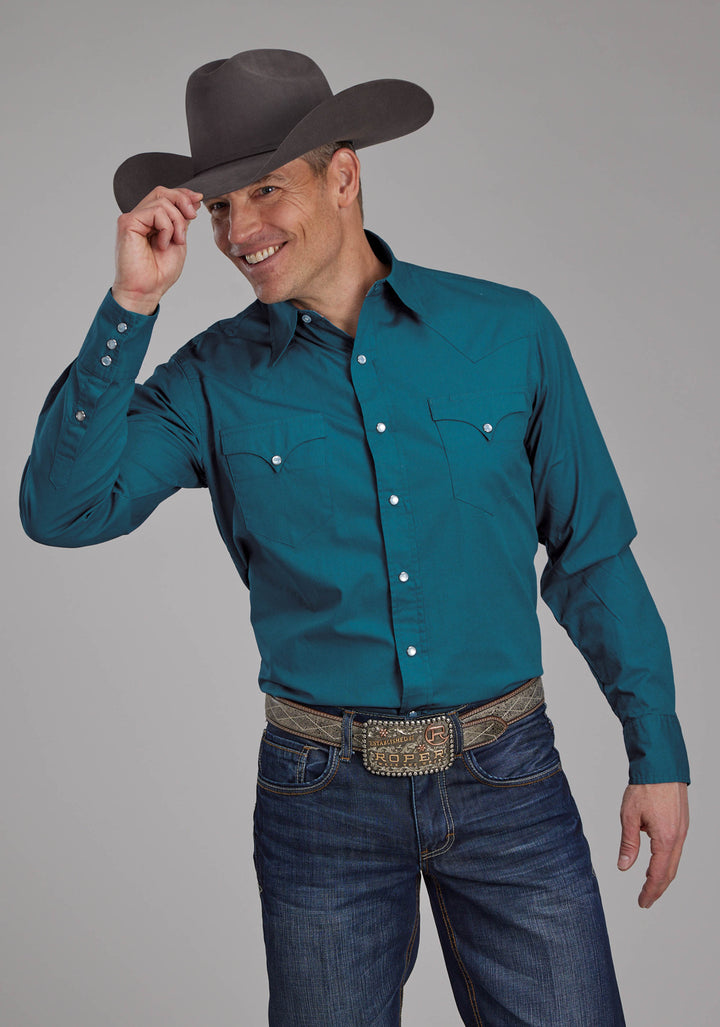 MENS SOLID POPLIN - TEAL LONG SLEEVE SNAP WESTERN SHIRT
