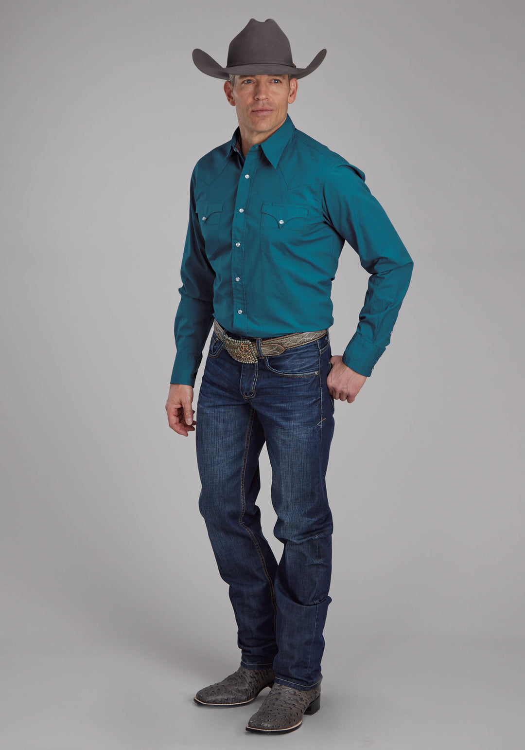 MENS SOLID POPLIN - TEAL LONG SLEEVE SNAP WESTERN SHIRT