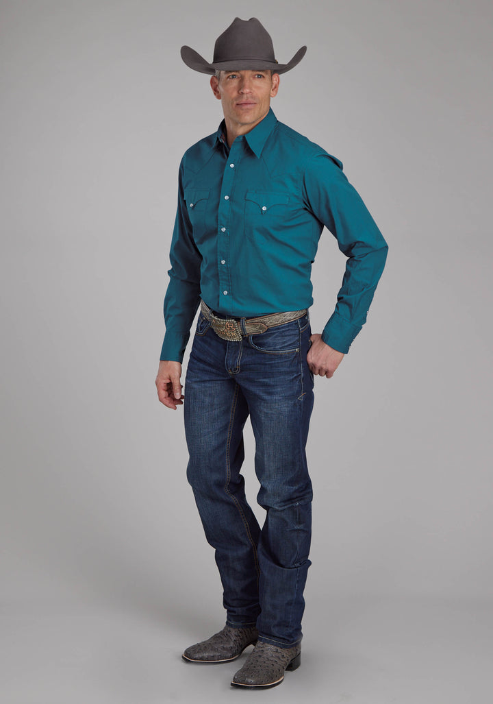 MENS SOLID POPLIN - TEAL LONG SLEEVE SNAP WESTERN SHIRT