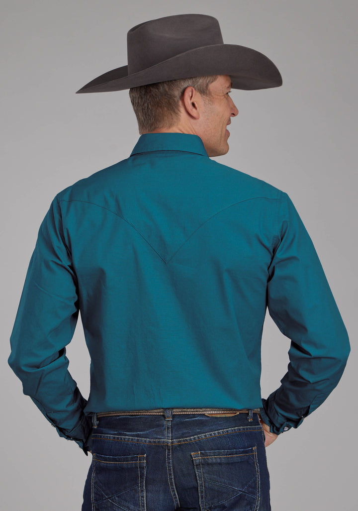 MENS SOLID POPLIN - TEAL LONG SLEEVE SNAP WESTERN SHIRT