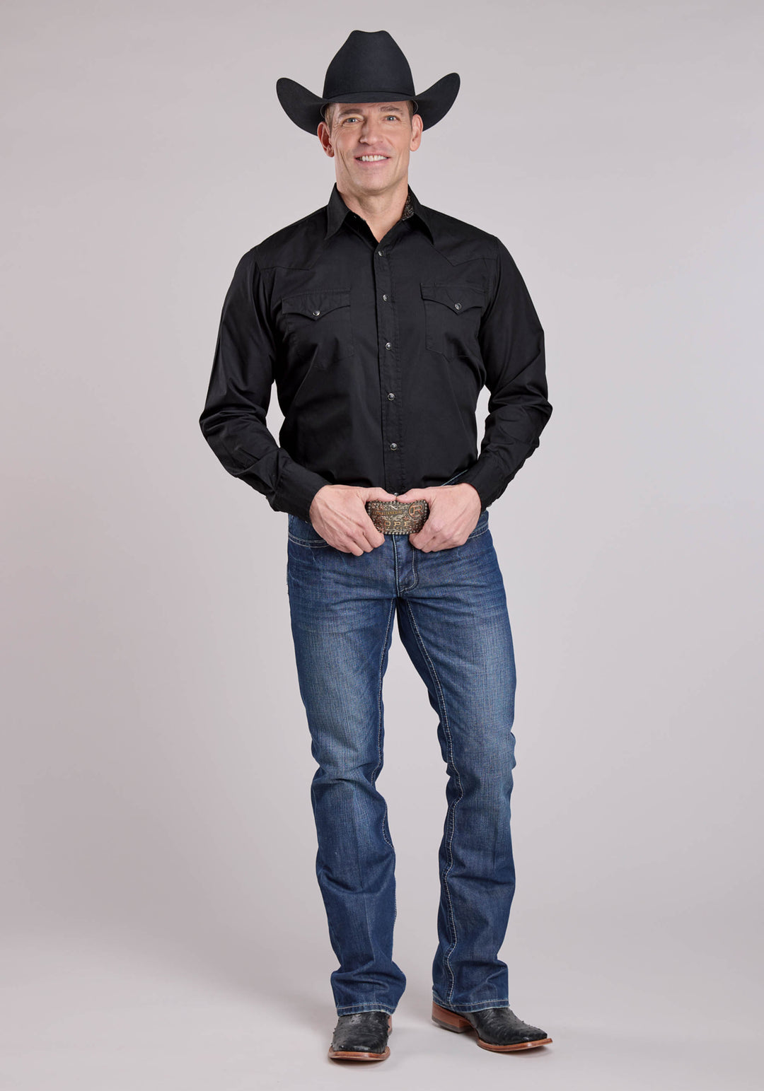 MENS LONG SLEEVE SNAP SOLID POPLIN - BLACK WESTERN SHIRT