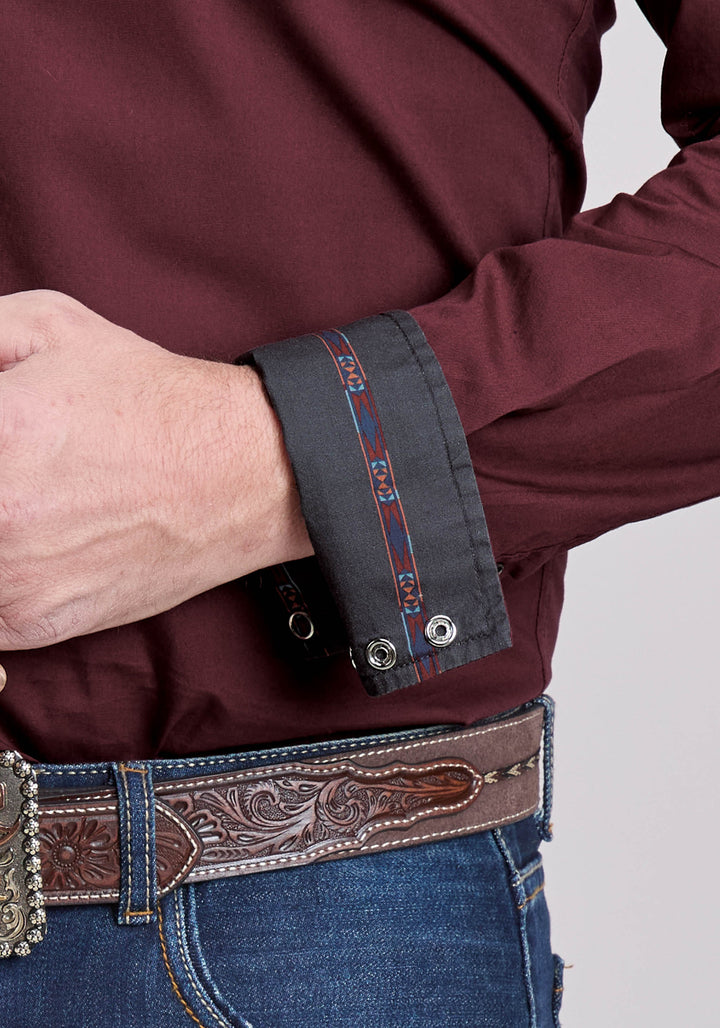 MENS LONG SLEEVE SNAP SOLID POPLIN - WINE WESTERN SHIRT