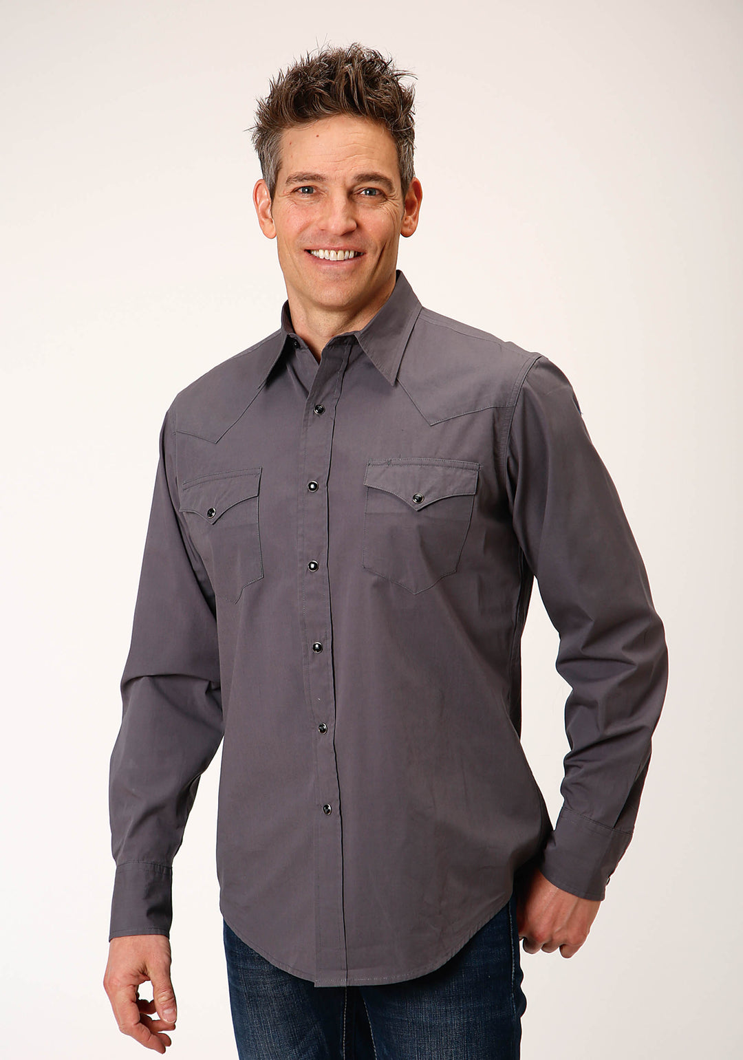 MENS LONG SLEEVE SNAP SOLID POPLIN  CHARCOAL WESTERN SHIRT