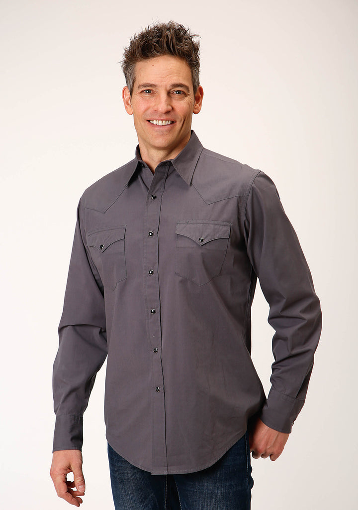 MENS LONG SLEEVE SNAP SOLID POPLIN  CHARCOAL WESTERN SHIRT