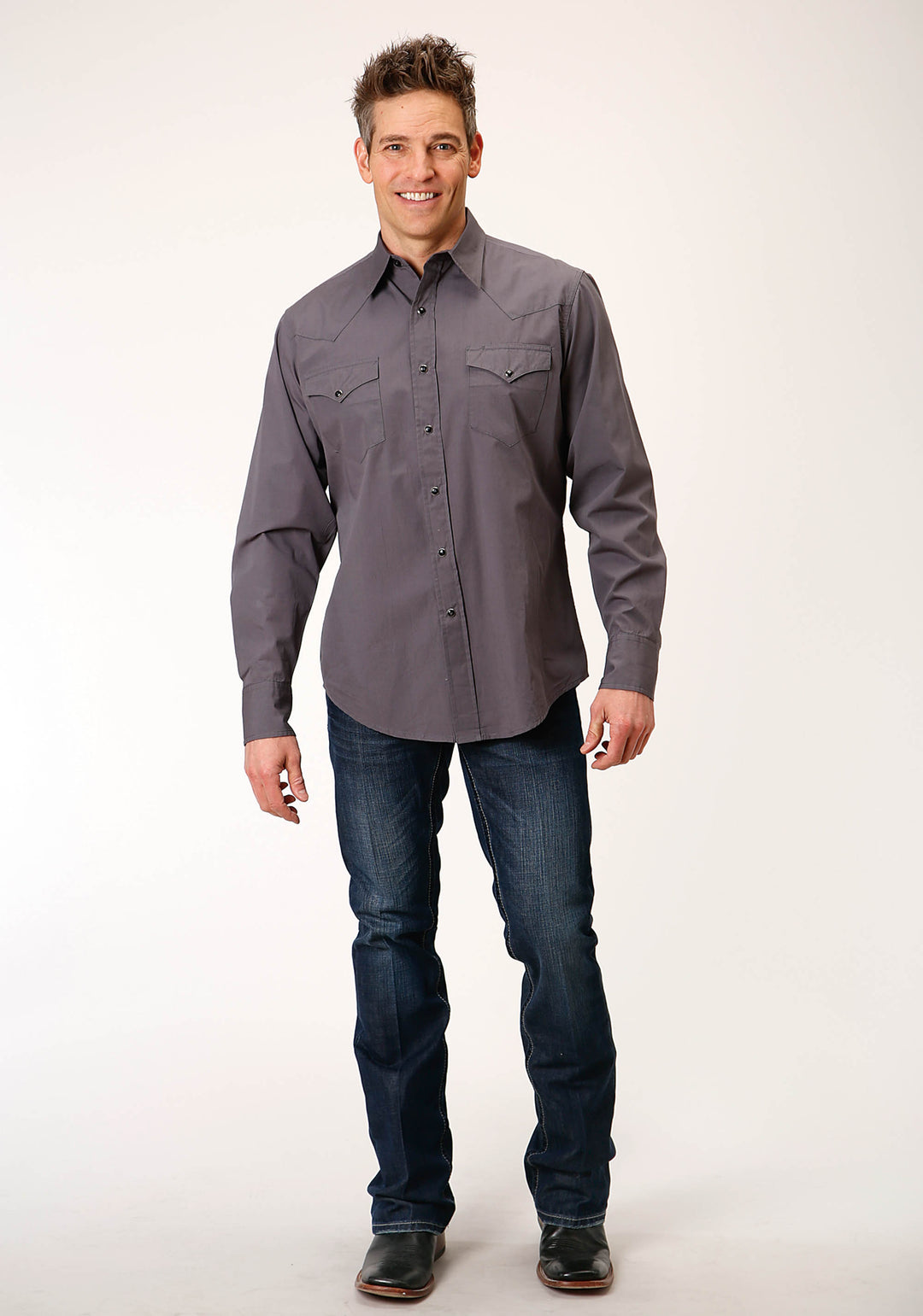 MENS LONG SLEEVE SNAP SOLID POPLIN  CHARCOAL WESTERN SHIRT