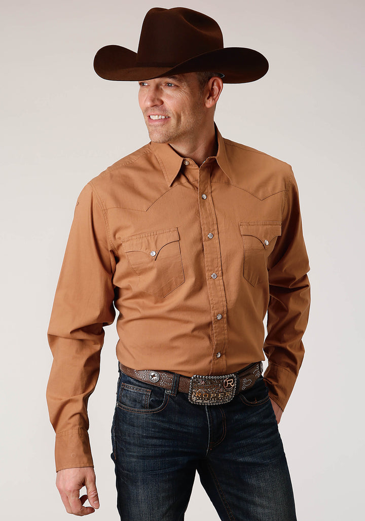 MENS LONG SLEEVE SNAP SOLID POPLIN  CARAMEL WESTERN SHIRT