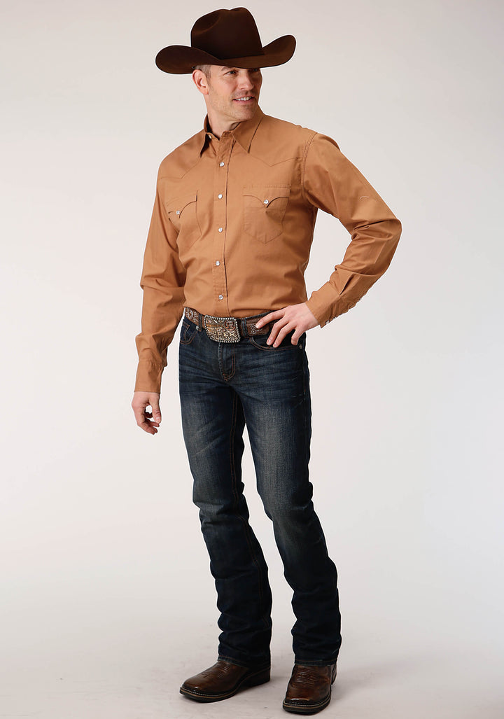MENS LONG SLEEVE SNAP SOLID POPLIN  CARAMEL WESTERN SHIRT