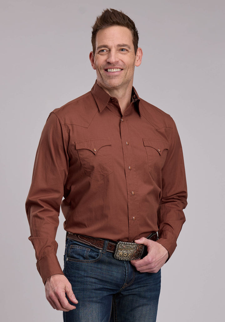 MENS ROPER SOLID SIENNA BROWN WESTERN SNAP SHIRT