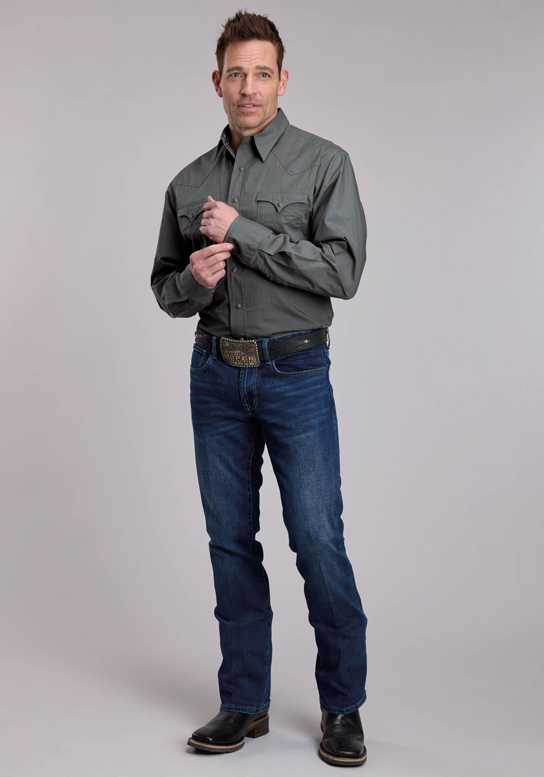 MENS ROPER SOLID DARK SAGE GREEN WESTERN SNAP SHIRT