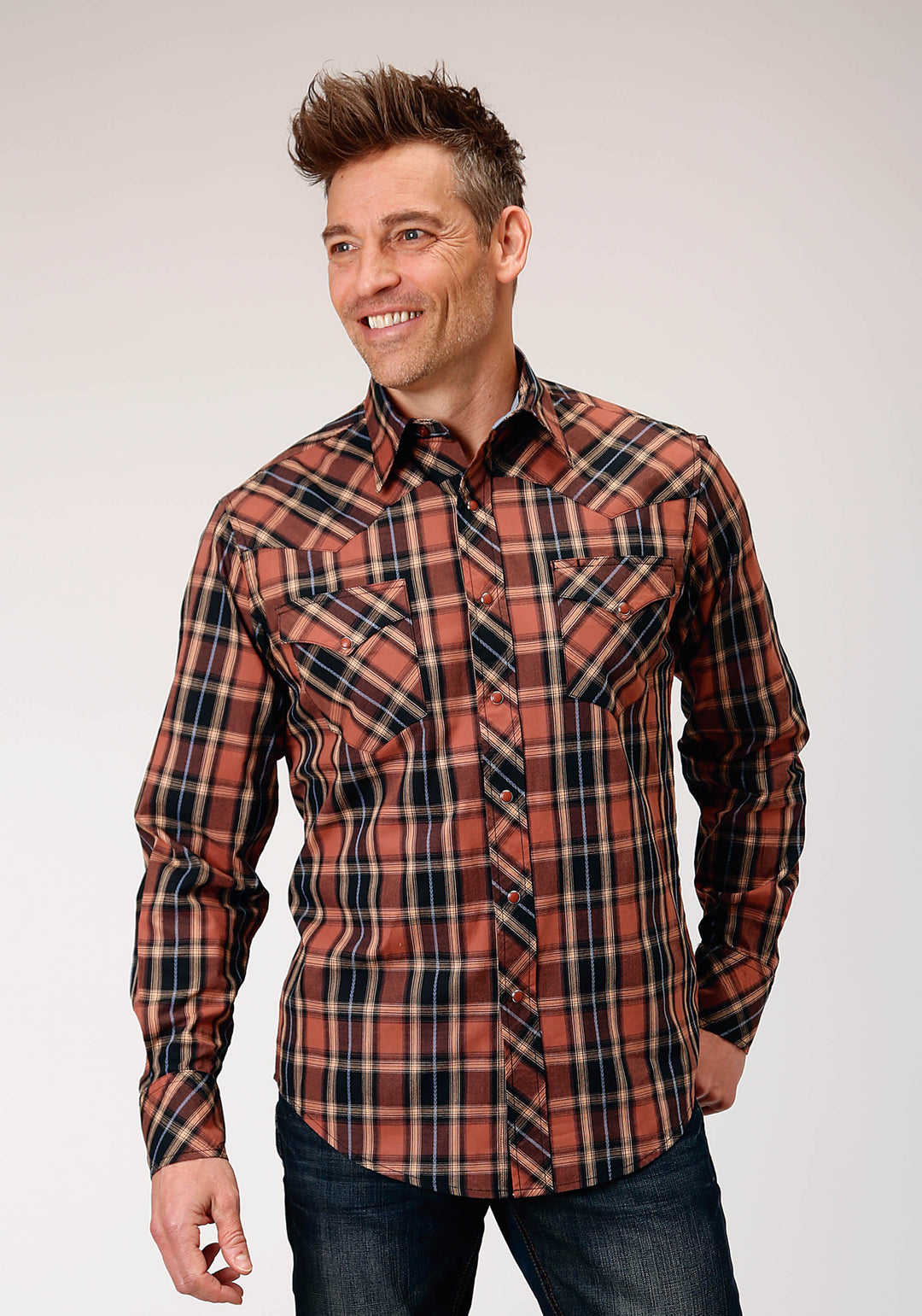 MENS LONG SLEEVE SNAP ARROW DOBBY PLAID WESTERN SHIRT