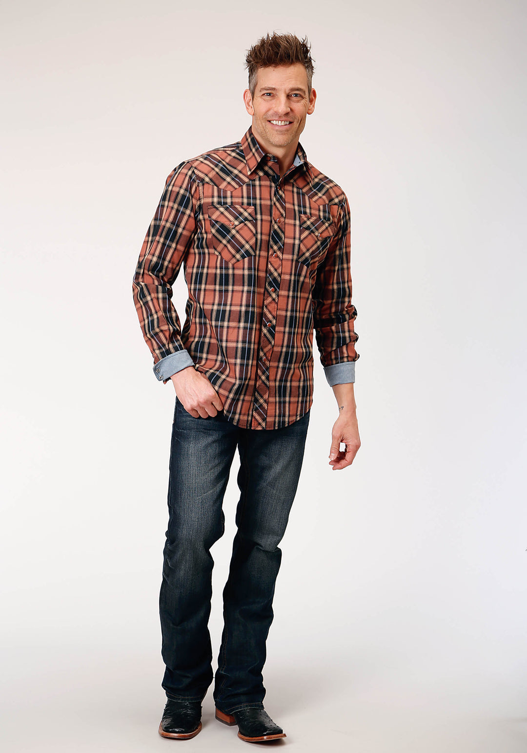 MENS LONG SLEEVE SNAP ARROW DOBBY PLAID WESTERN SHIRT