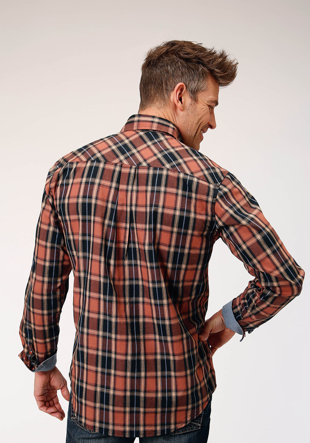 MENS LONG SLEEVE SNAP ARROW DOBBY PLAID WESTERN SHIRT