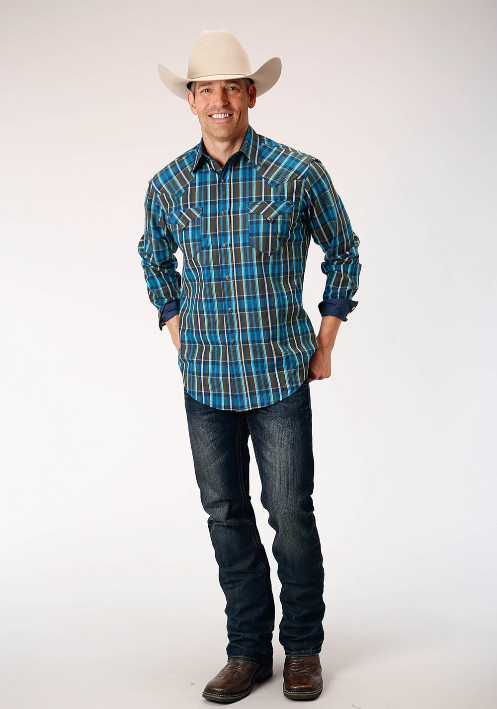 MENS LONG SLEEVE SNAP DIAMOND DOBBY PLAID WESTERN SHIRT