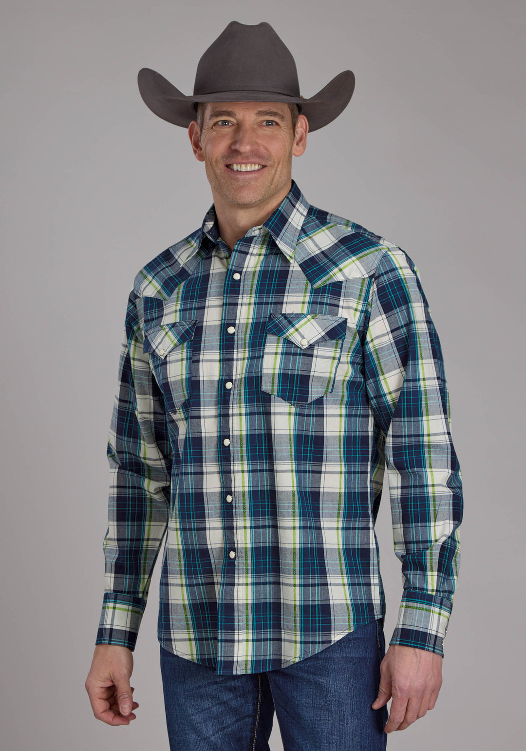 MENS BLUE CONTRAST DOBBY LONG SLEEVE SNAP WESTERN SHIRT