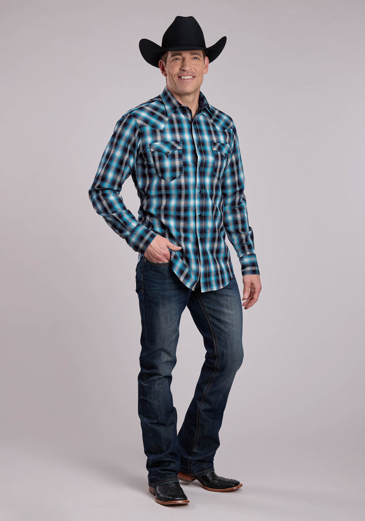 MENS LONG SLEEVE SNAP HORSESHOE DOBBY PLAID WESTERN SHIRT