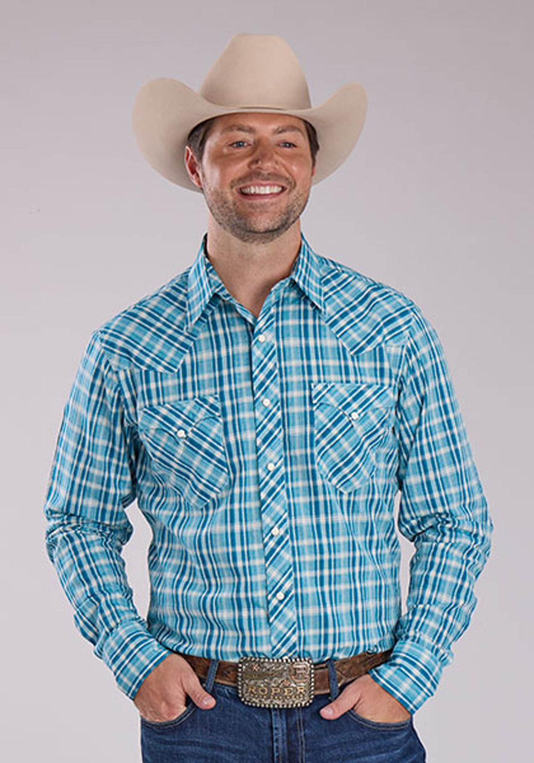 MENS BLUE OCEAN DOBBY LONG SLEEVE SNAP WESTERN SHIRT
