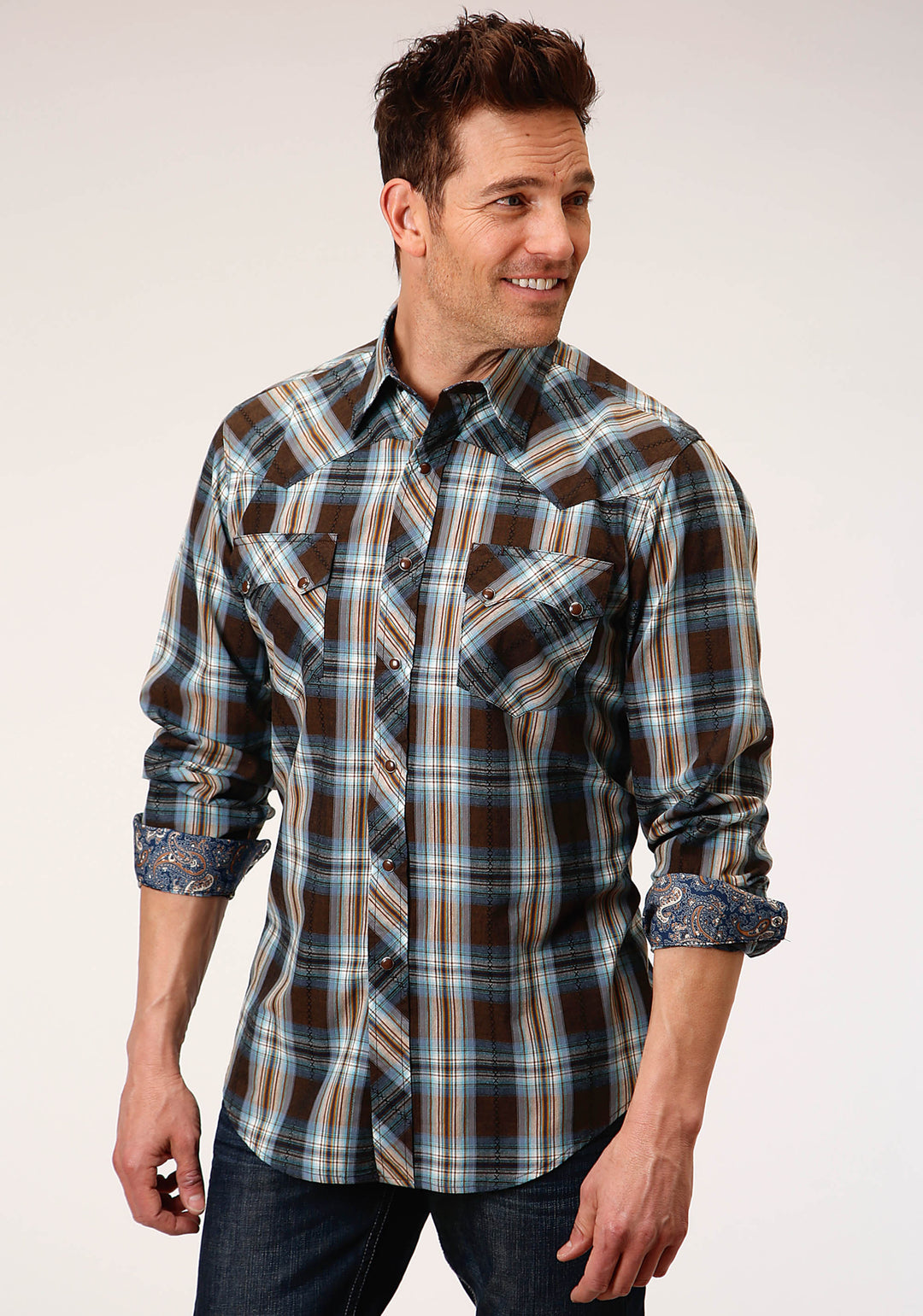 MENS LONG SLEEVE SNAP CROSSING DOBBY PLAID WESTERN SHIRT