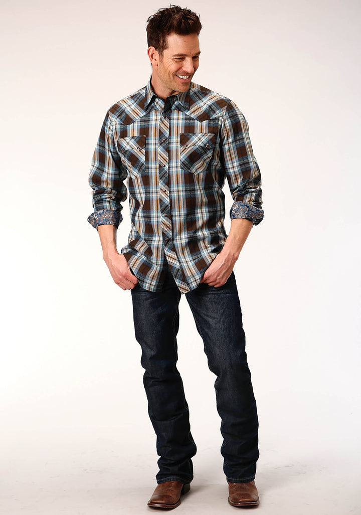 MENS LONG SLEEVE SNAP CROSSING DOBBY PLAID WESTERN SHIRT