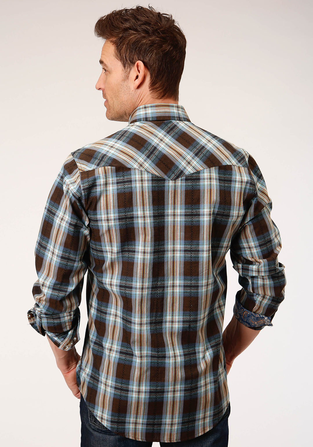 MENS LONG SLEEVE SNAP CROSSING DOBBY PLAID WESTERN SHIRT