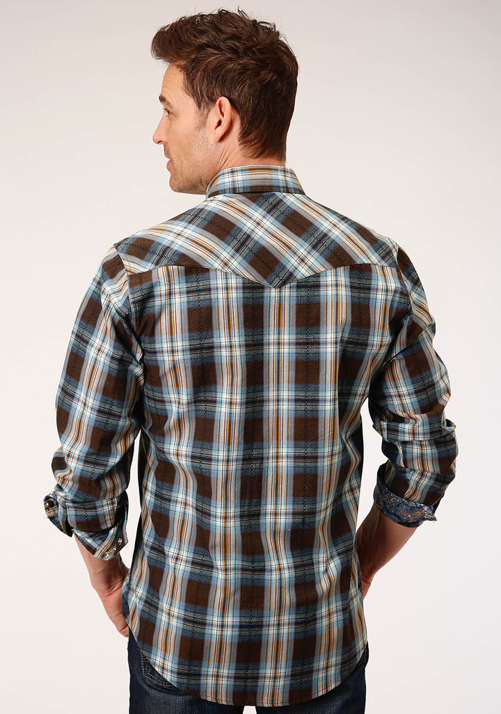 MENS LONG SLEEVE SNAP CROSSING DOBBY PLAID WESTERN SHIRT