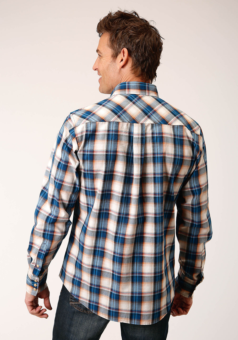 MENS LONG SLEEVE SNAP DENIM PLAID WESTERN SHIRT