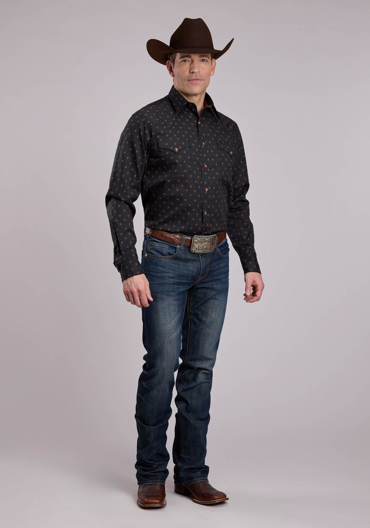 MENS LONG SLEEVE SNAP AZTEC FOULARD PRINT WESTERN SHIRT