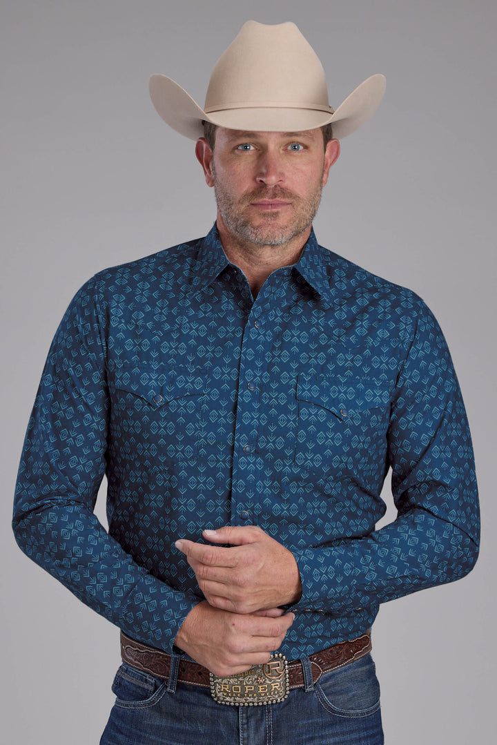 MENS DIAMOND PRINT LONG SLEEVE SNAP WESTERN SHIRT