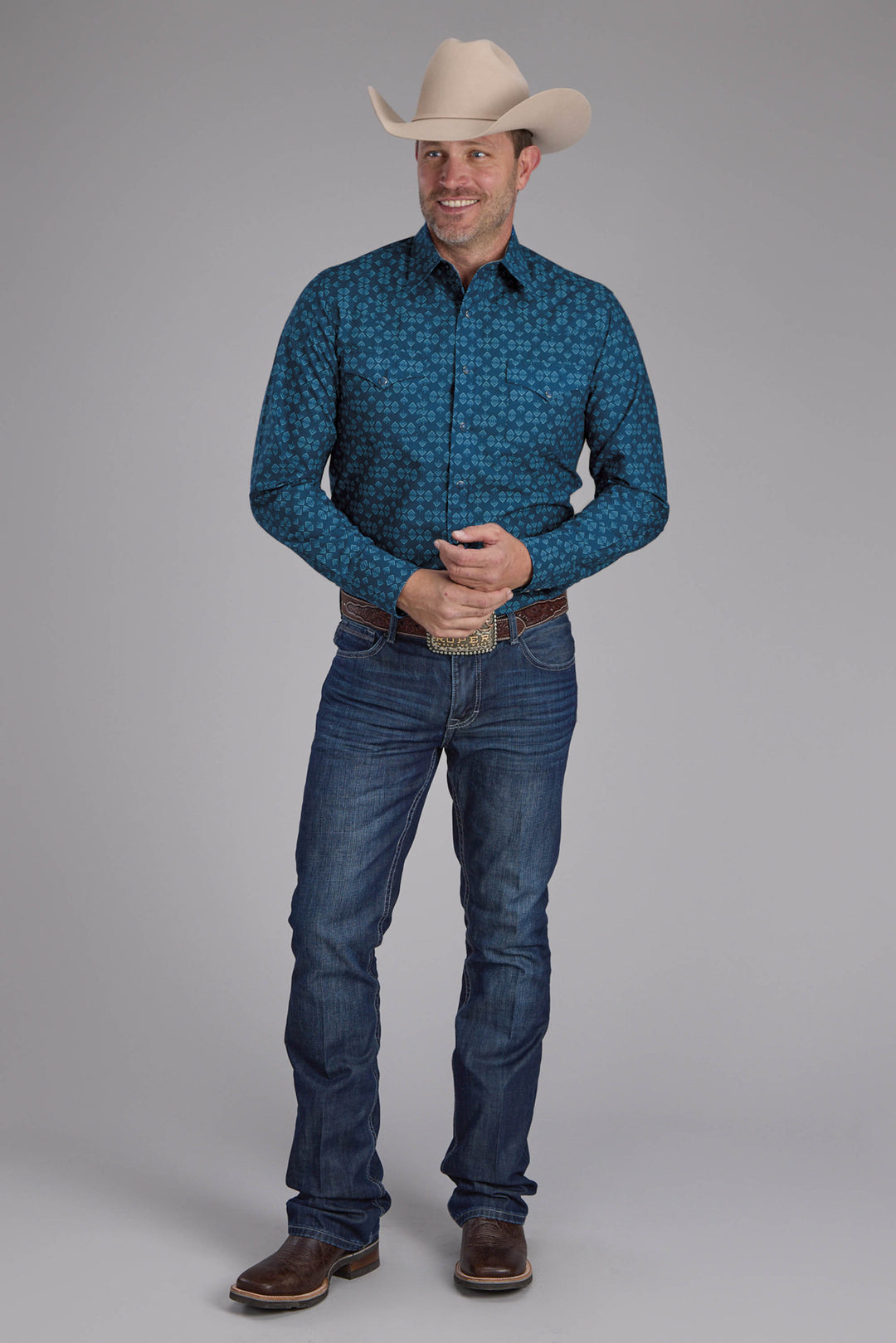 MENS DIAMOND PRINT LONG SLEEVE SNAP WESTERN SHIRT