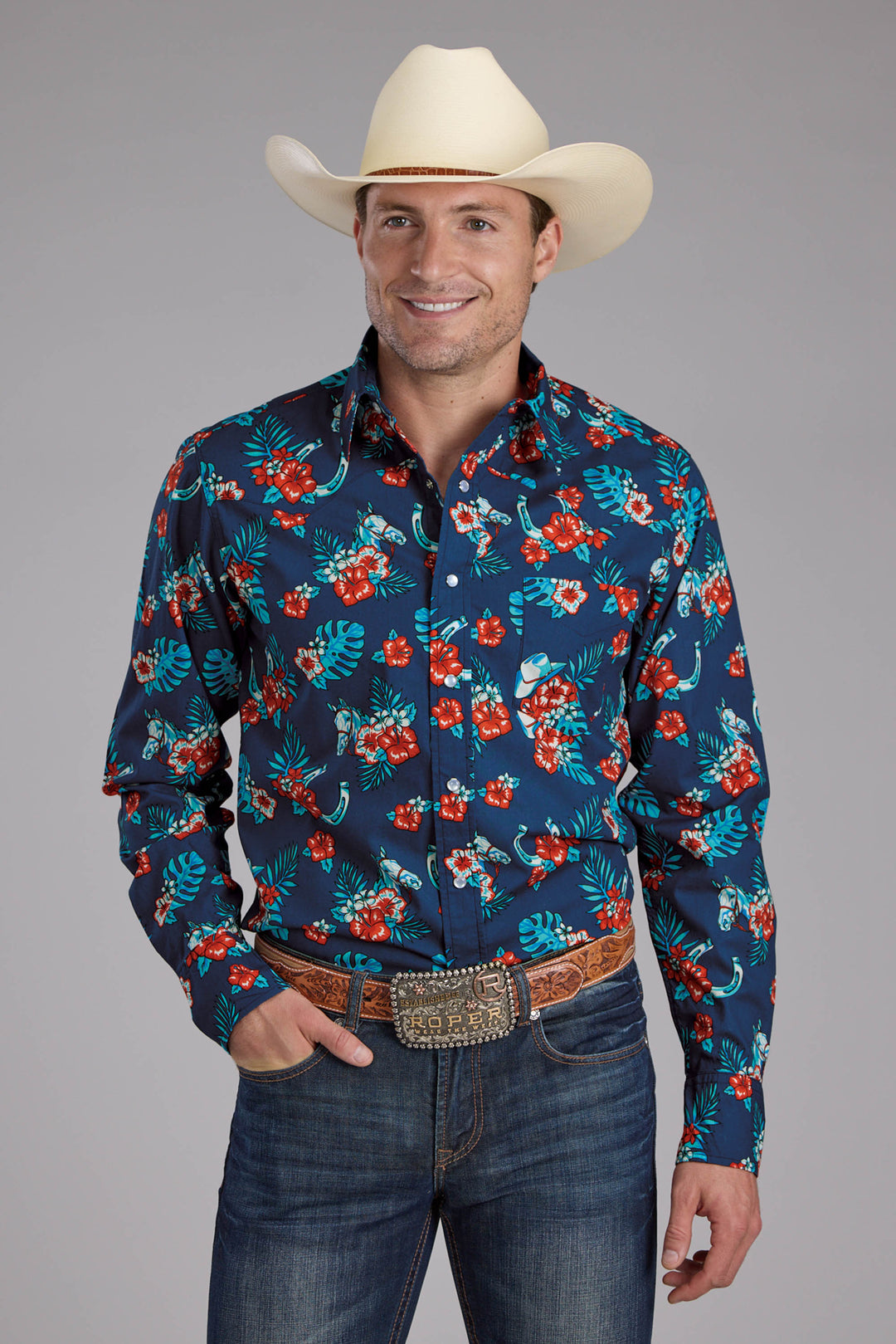 MENS HAWAIIAN PRINT LONG SLEEVE SNAP WESTERN SHIRT