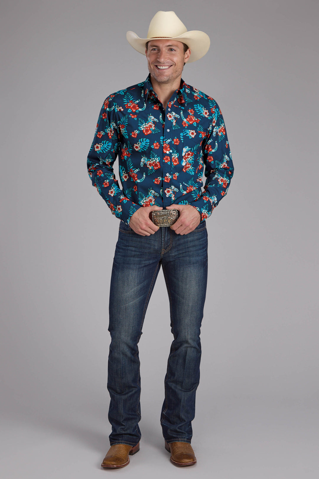 MENS HAWAIIAN PRINT LONG SLEEVE SNAP WESTERN SHIRT