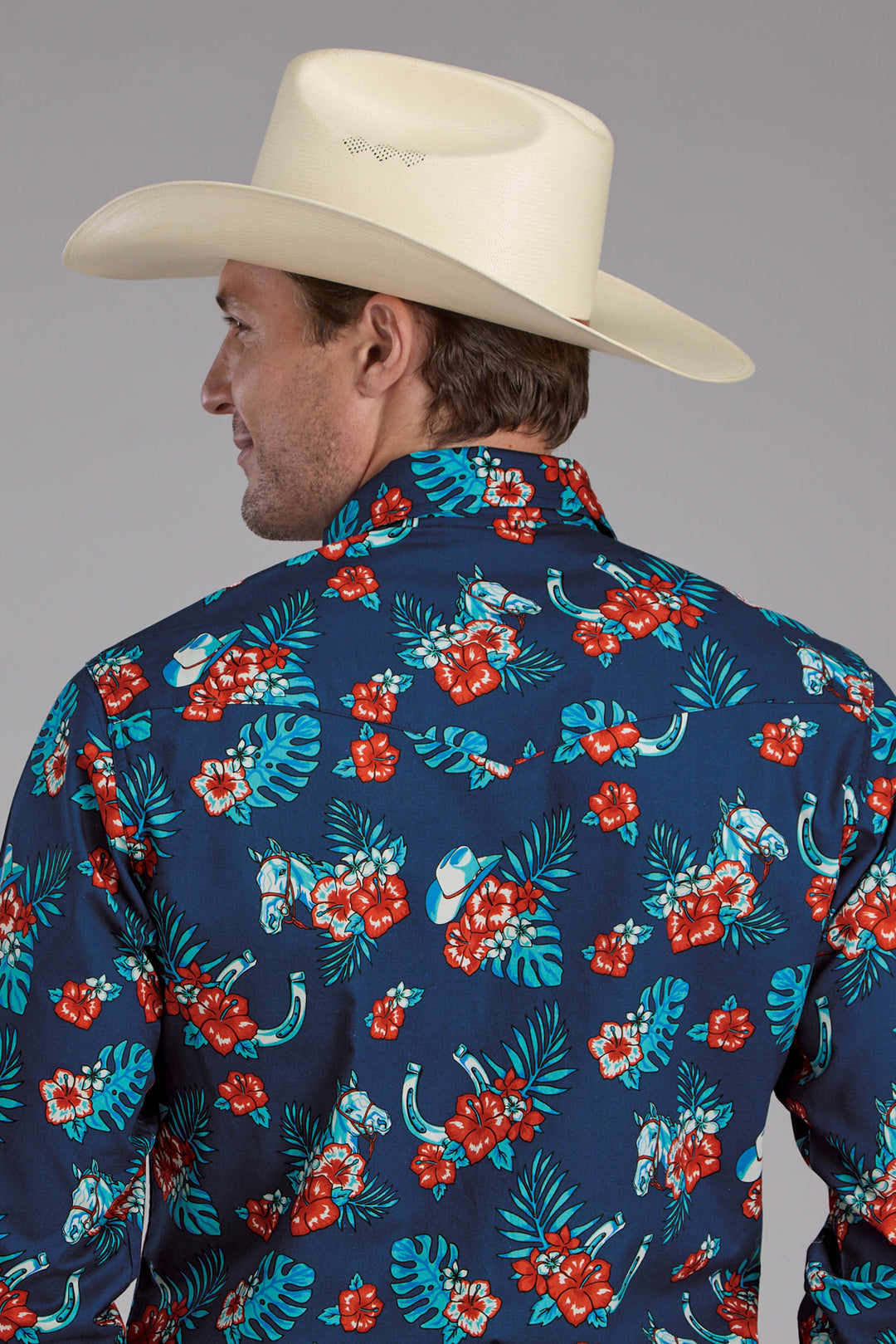 MENS HAWAIIAN PRINT LONG SLEEVE SNAP WESTERN SHIRT