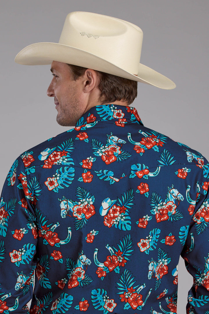 MENS HAWAIIAN PRINT LONG SLEEVE SNAP WESTERN SHIRT
