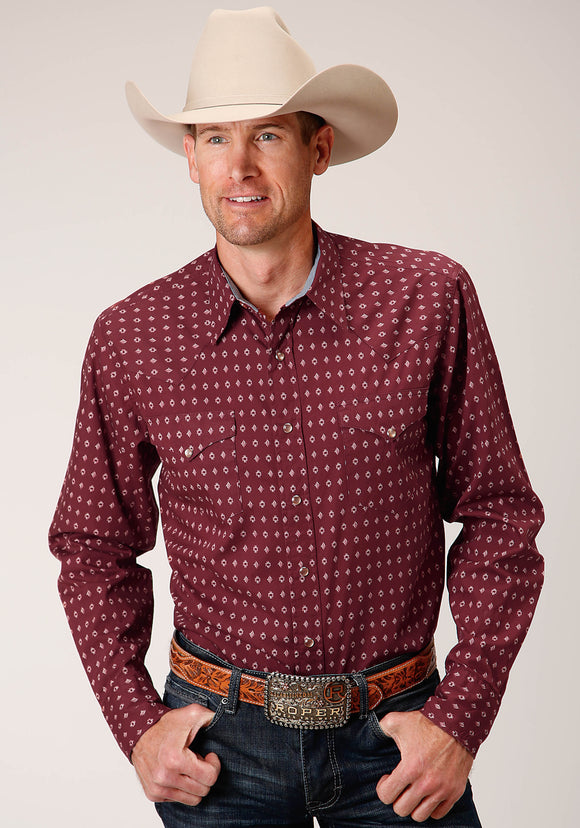 MENS LONG SLEEVE SNAP TEXTURE DIAMOND PRINT WESTERN SHIRT