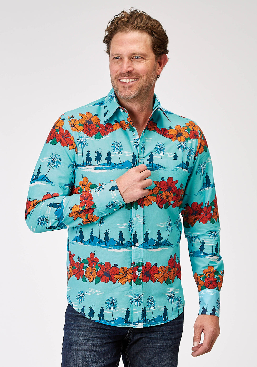 MENS LONG SLEEVE SNAP HAWAIIAN PRINT WESTERN SHIRT