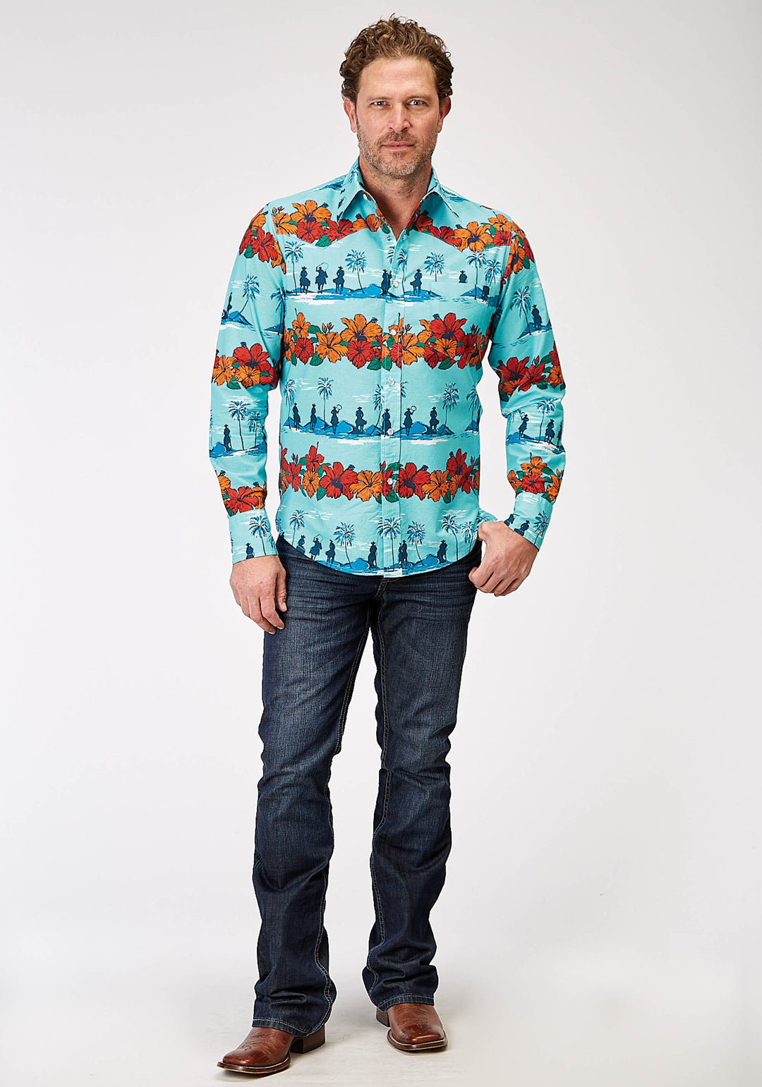 MENS LONG SLEEVE SNAP HAWAIIAN PRINT WESTERN SHIRT