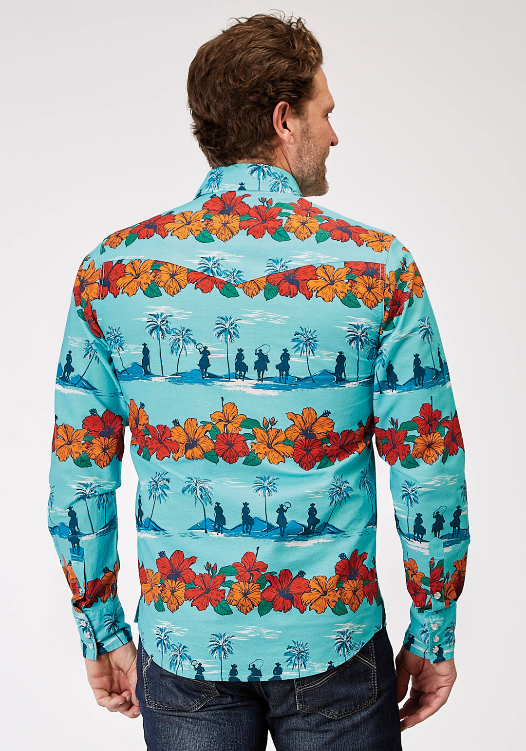 MENS LONG SLEEVE SNAP HAWAIIAN PRINT WESTERN SHIRT