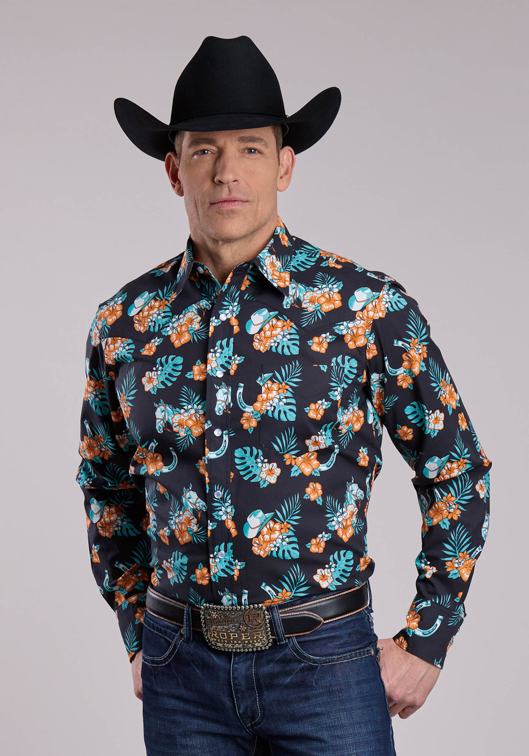 MENS ROPER HAWAIIAN PRINT LONG SLEEVE SNAP SHIRT